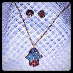 SOLD Hamsa hand & evil eye necklace & earrings.